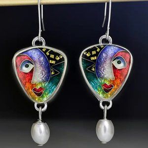 925 Silver Plated Abstract Art Colorful Face Drop Earrings - NEW